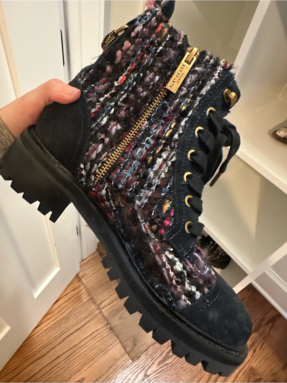 Womens Multicolor Tweed Combat Boot with Black Suede Trim